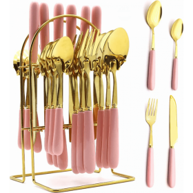 Gold Silverware Set, Caliamary 24 Pieces Flatware Set with Silverware Holder, Stainless Steel Knives and Forks and Spoons Cutlery Set Service for 6, K