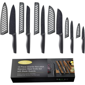 Marco Almond KYA39 12-Piece Black Kitchen Knife Set, Black Chef Knives with Sharp Blades,Blade Guards,Stainless Steel,Dishwasher Safe