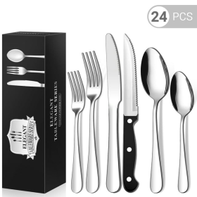 24 Piece Flatware Set for 4, TINANA Stainless Steel Flatware Set, Mirror Polished Cutlery Utensil Set, Durable Home Kitchen Eating Tableware Set, Fork (Brand: TINANA)